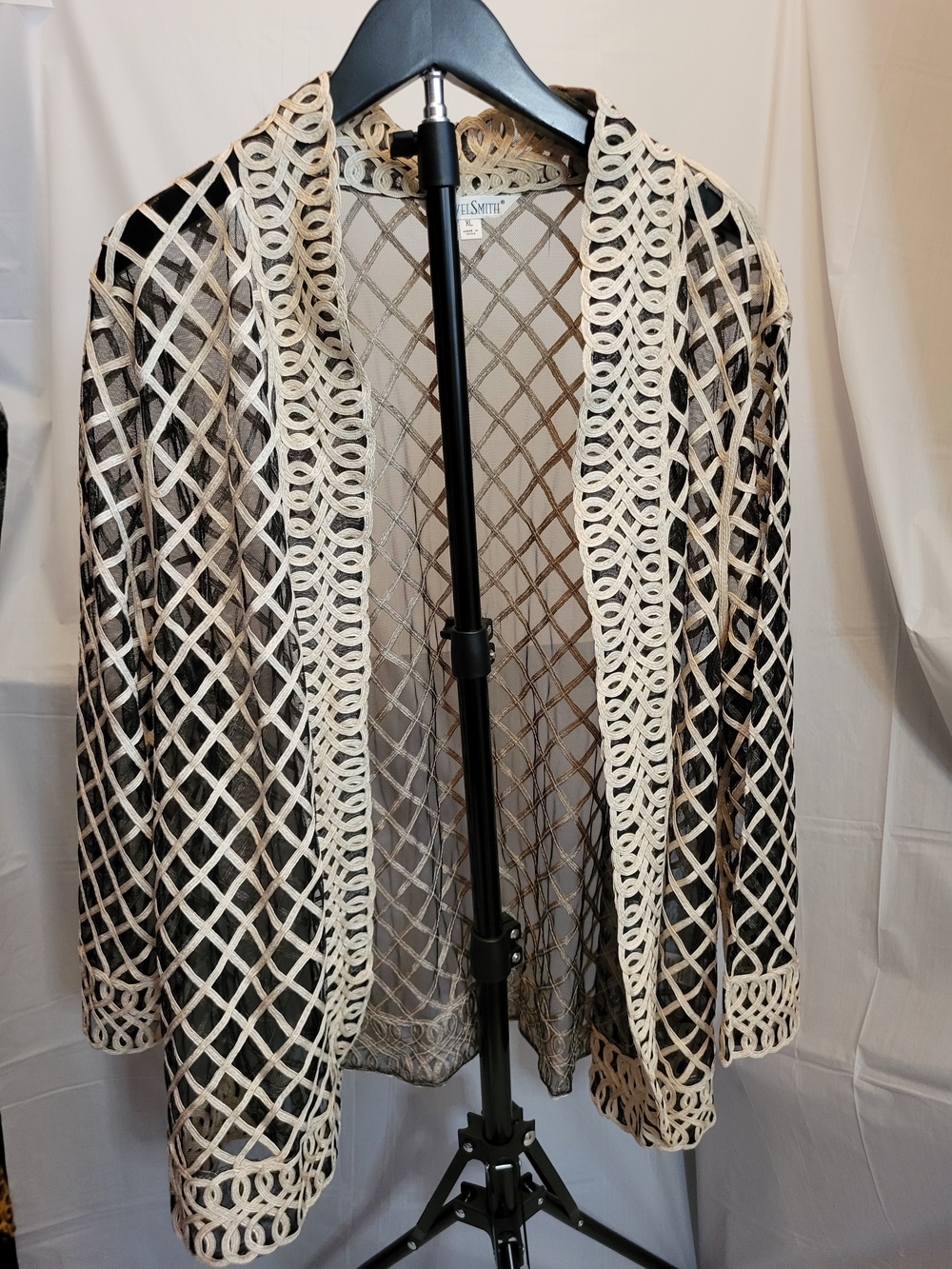 TravelSmith Black Sheer Mesh Jacket with Golden Cream Lace Crochet